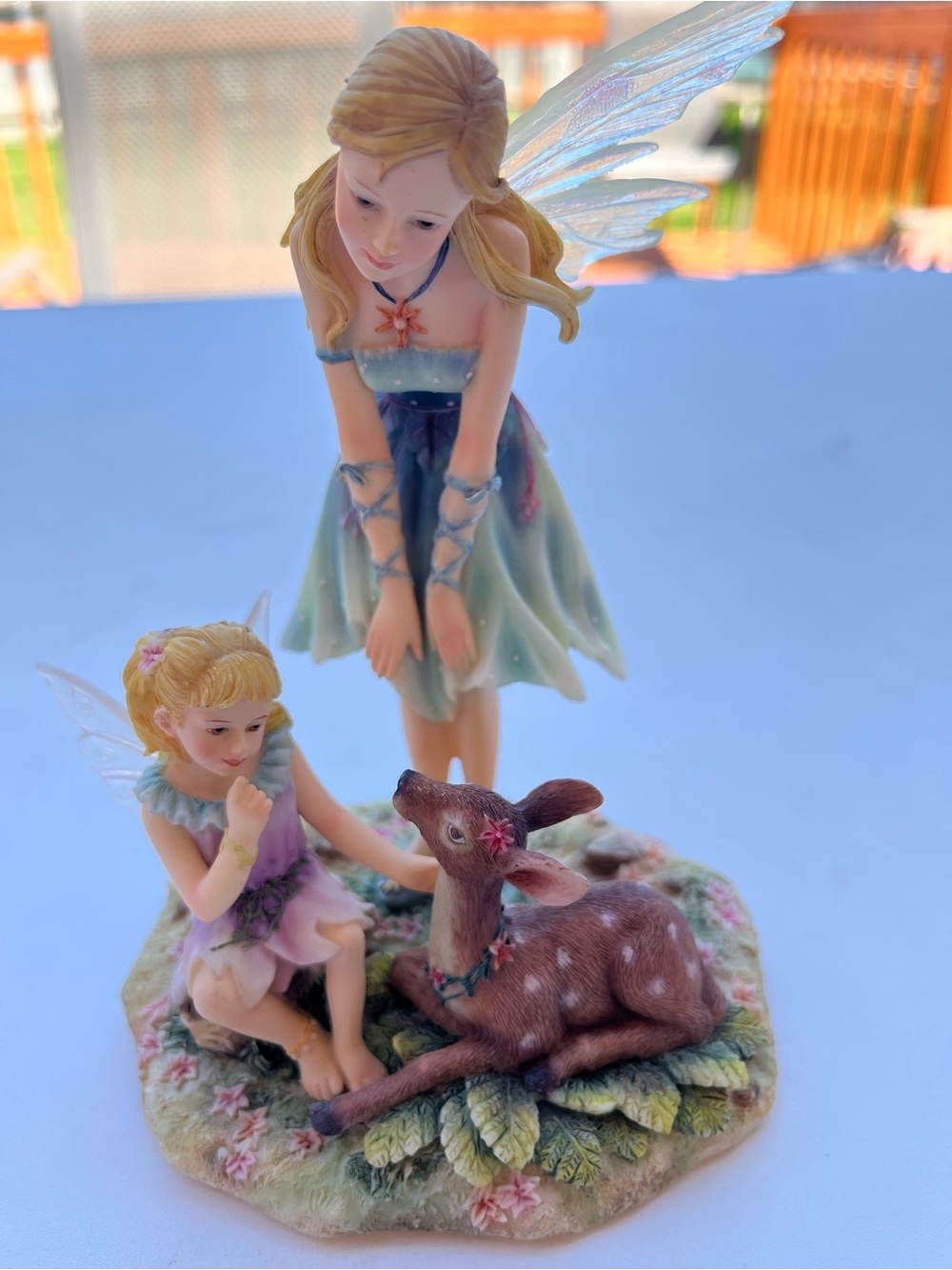 Hand-Painted Fairy and Fawn Figurine - Pastel Greens & Pinks